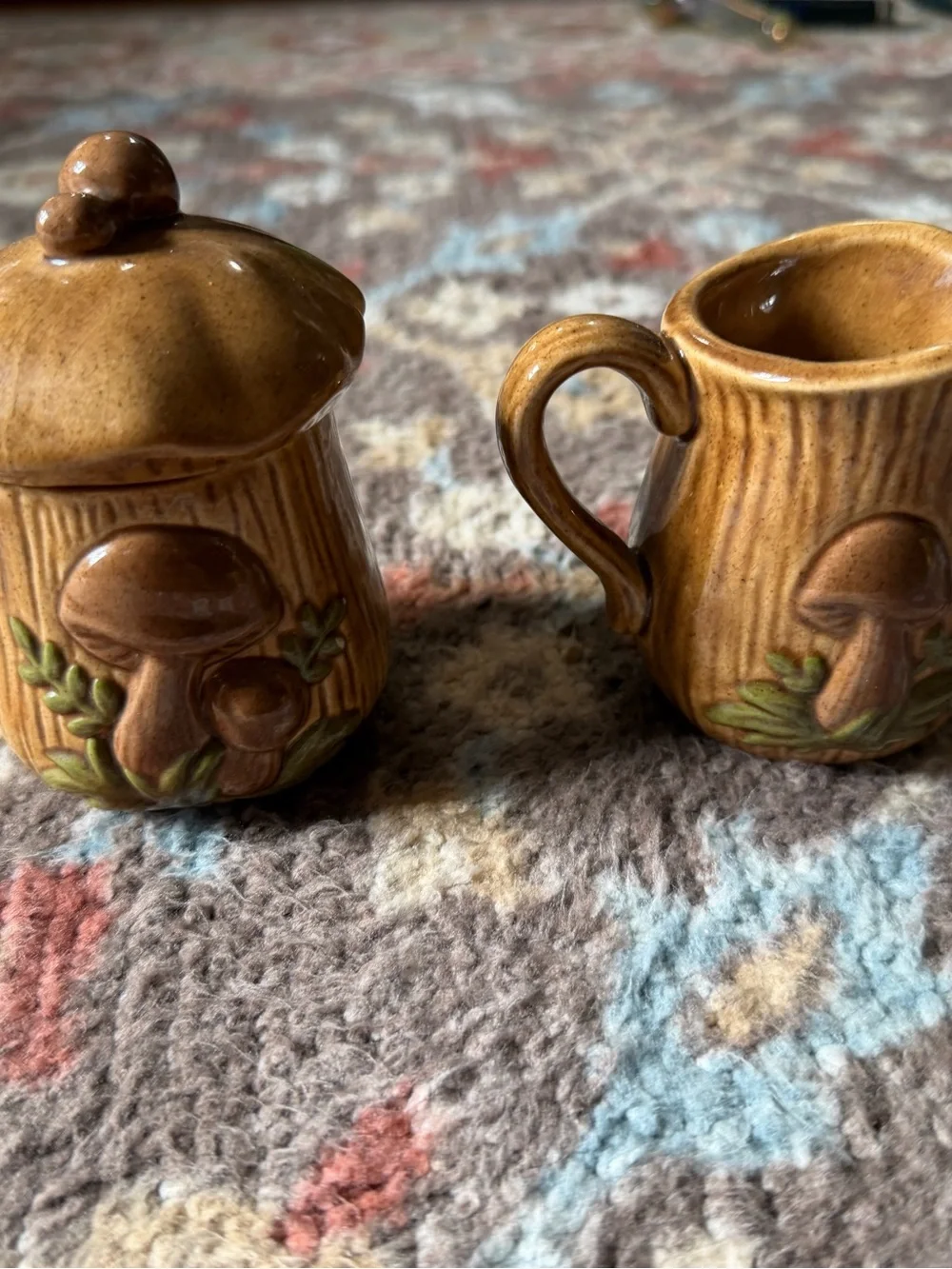 Vintage Woodland Mushroom Cream & Sugar Set | Ceramic Sugar Bowl w/Lid & Creamer